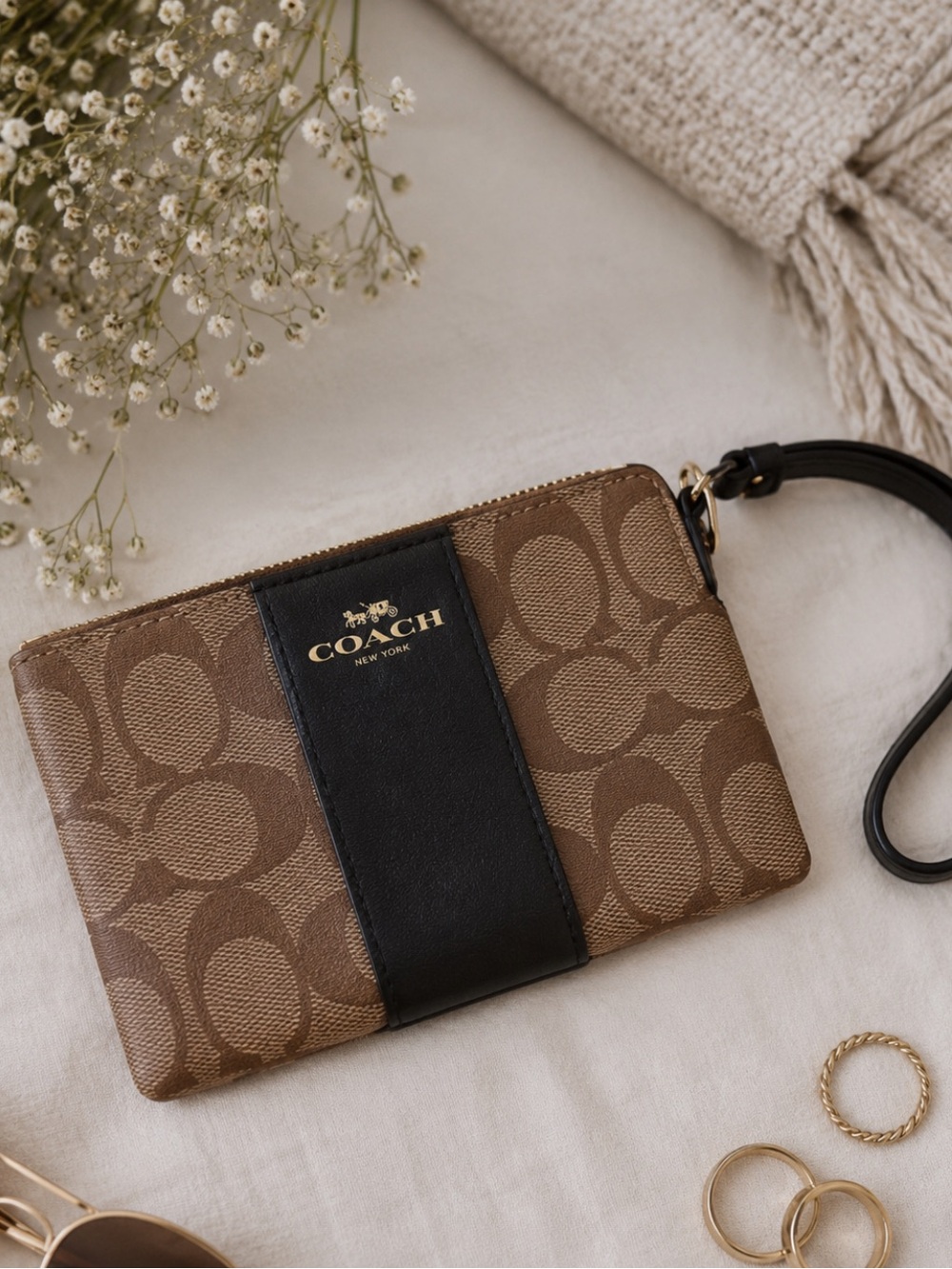 Coach Brown Signature Canvas Wristlet with Black Leather Accent